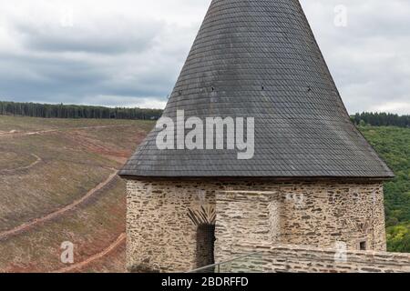 Tour ruine château médiéval Bourscheid au Luxembourg Banque D'Images