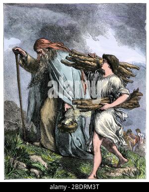 Abraham qui a conduit le fils Isaac à être sacrifié sur le Mt. Moriah. Demi-teinte de couleur manuelle d'une illustration Banque D'Images