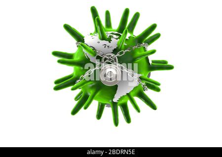 Rendu tridimensionnel du concept de santé et de médecine. Virus vert comme globe terrestre sur fond blanc. Virus dans l'organisme infecté, mutation. Verrouillage Banque D'Images