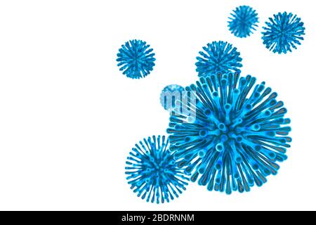 Rendu tridimensionnel du concept de santé et de médecine. Virus bleu ou cellules bactériennes sur fond blanc, épidémie de maladie virale. Coronavirus, maintien, Banque D'Images