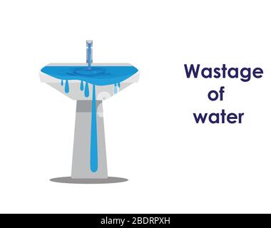 Le gaspillage de l'eau thème. Le gaspillage d'eau du robinet est tel que le puits déborde avec l'eau. Le gaspillage d'eau chute de l'évier débordant et de la tartinade Illustration de Vecteur