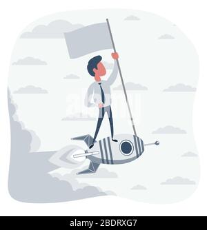 Un homme d'affaires heureux tenant le drapeau numéro un debout sur un bateau à roquettes qui vole à travers le ciel étoilé. Créer un concept commercial. Illustration de Vecteur