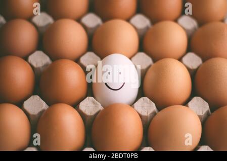 De nombreux œufs frais de poulet brun et un œuf blanc souriant au milieu du fond de la boîte. Banque D'Images