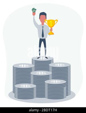 Un homme d'affaires heureux tenant une coupe de trophée avec de l'argent. Homme d'affaires debout sur une pile d'argent. Illustration de Vecteur