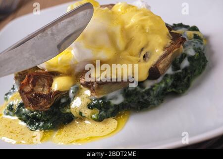 Œufs traditionnels de la Nouvelle-Orléans sardou, cuisine de louisiane avec crème aux épinards, artichauts, œufs pochés et sauce hollandaise Banque D'Images