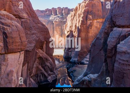 Le trou d'eau Guelta d'Archei près d'oasis, les chameaux qui traînent le woater, le plateau Ennedi, le Tchad, l'Afrique Banque D'Images