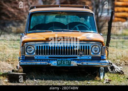 Jeep Wagoneer vieux assis dans les mauvaises herbes sur un ranch du Colorado Banque D'Images