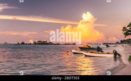 Plage tropicale au coucher du soleil sur la Digue, Seychelles. Banque D'Images