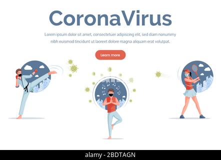 Modèle de page d'accueil du coronavirus. Sportif, joueur de tennis, homme de karaté dans les masques de protection lutte contre Covid-19 illustration plate vectorielle. Restez à la maison et méditez, quarantaine Web bannière concept. Illustration de Vecteur