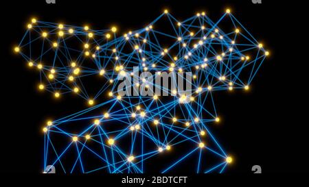 illustration 3d abstraite du cyberespace, interconnectant des lignes bleues droites et croisées avec des nœuds lumineux, sur un fond sombre Banque D'Images