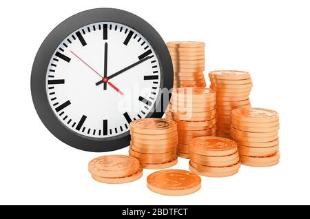 Horloge avec pile de pièces d'or. Le temps est le concept de l'argent, rendu tridimensionnel isolé sur fond blanc Banque D'Images