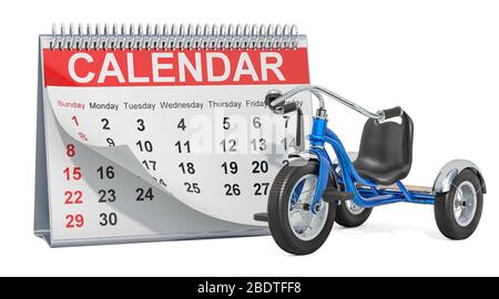 Calendrier de bureau avec tricycle pour enfants, rendu tridimensionnel isolé sur fond blanc Banque D'Images