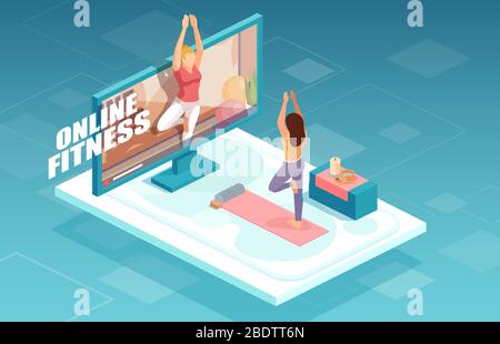 Concept de conditionnement physique et de formation en ligne. Vecteur d'une femme en forme pratiquant le yoga avec un instructeur de fitness à l'écran de la télévision. Illustration de Vecteur