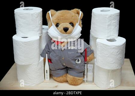 Dans le cas de Coronavirus, vous avez besoin des essentiels! Stocker papier toilette, rester à la maison, être sûr, s'amuser Banque D'Images