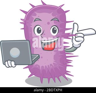Personnage de dessin animé d'acinetobacter baumannii étudiant intelligent étudiant avec un ordinateur portable Illustration de Vecteur