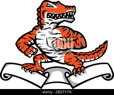 Icône mascotte illustration d'un alligator, d'un gator ou d'un crocodile féroce avec couleur et rayures tigre du Bengale en position de combat sur le ribbo Illustration de Vecteur