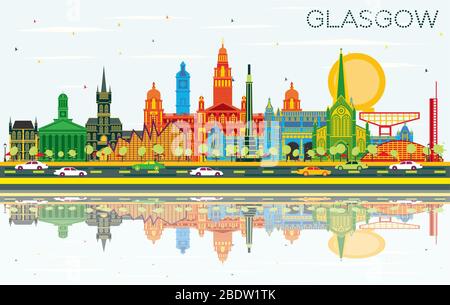 Glasgow Scotland City Skyline avec bâtiments couleur, ciel bleu et réflexions. Illustration vectorielle. Concept de voyages d'affaires et de tourisme. Illustration de Vecteur