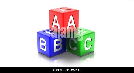 Concept d'éducation scolaire, préscolaire et pour les enfants. Lettres ABC sur des blocs colorés isolés sur fond blanc. illustration tridimensionnelle Banque D'Images