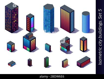 Bâtiments isométriques pour la carte, le jeu ou la décoration avec les modèles du centre-ville, du quartier industriel et résidentiel Illustration de Vecteur