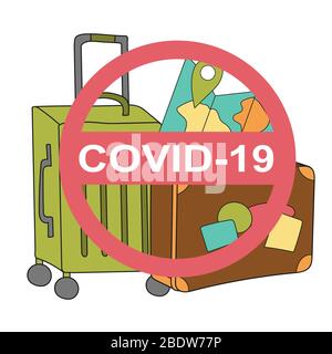 Panneau rouge stop sur une valise. Pandémie de coronavirus. Concept de santé. Motif mignon sur fond blanc isolé. Illustration de Vecteur