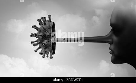 Fraude au coronavirus et escroqueries au covid-19 ou mensonges médicaux et théorie du complot comme un scammer de virus qui répand de fausses informations médicales comme un long nez. Banque D'Images