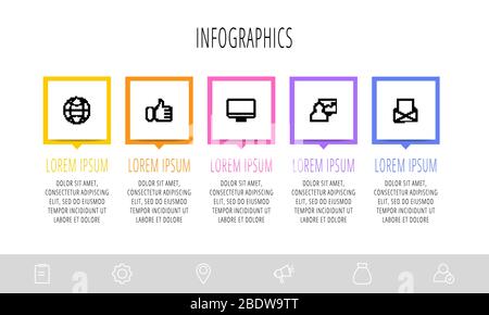 Infographie vectorielle plate avec 5 éléments avec flèches. Modèle commercial de cinq pièces, options, processus. Concept de conception moderne pour le diagramme Illustration de Vecteur