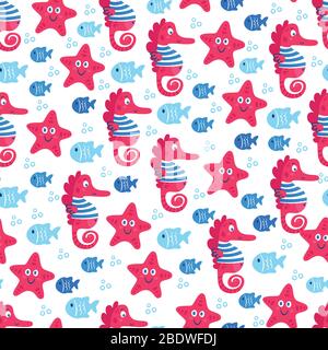 Mignons animaux à vecteur de mer étoiles sous-marines poisson crabe cheval de mer Illustration de Vecteur