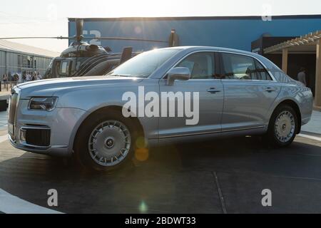 30 Août 2019. Zhukovsky, Russie. Voiture de direction russe Aurus Senat au salon international de l'aviation et de l'espace MAKS 2019. Banque D'Images