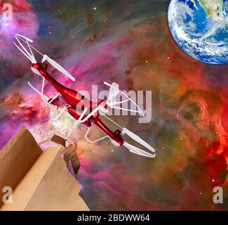 Le drone livre un paquet avec des achats à la Terre volant la voie laiteuse dans l'espace. Éléments de cette image fournie par la NASA Banque D'Images