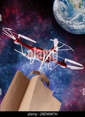 Le drone livre un paquet avec des achats à la Terre volant la voie laiteuse dans l'espace. Éléments de cette image fournie par la NASA Banque D'Images
