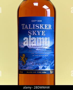 Bouteille de whisky écossais de malt Talisker Skye (détail). Banque D'Images