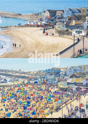 Lyme Regis, Dorset, Royaume-Uni. 10 avril 2020. Météo britannique : plages vides à Lyme Regis vendredi Saint en dépit du soleil chaud glorieux que les gens tiennent compte de l'instruction du gouvernement de rester à la maison à la lumière de la pandémie de Covid-19. Les plages vides sont en contraste avec la scène de Pâques dernier quand les vacanciers et les amateurs de plage se sont enfermés dans des tombes pour profiter des plages de la ville sur le week-end de vacances aussi chaud et ensoleillé de la banque de Pâques. . Crédit: Celia McMahon/Alay Live News. Banque D'Images