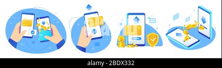 Transferts d'argent. Achat en ligne, paiements numériques et téléphone à mains avec jeu d'illustrations vectorielles de l'application de transfert de pièces Illustration de Vecteur