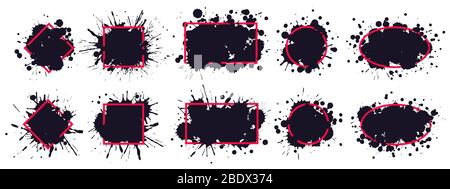 Cadre de l'encreur d'encre. Les taches de pinceau sales, les cadres de projection de pinceau noir et les encres pulvérisées de grunge s'écouissent les décors vectoriels Illustration de Vecteur