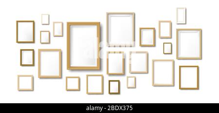 Maquette de composition de cadres photo en bois. Cadre photo en bois clair, grille de photos de gridboard suspendues et illustration vectorielle murale artistique Illustration de Vecteur