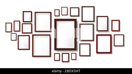 Maquette de composition en cadres en bois sombre. Cadre photo suspendu au mur, grille d'images et bordures en bois vecteur illustration modèle Illustration de Vecteur