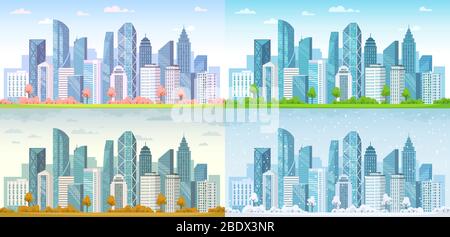 Saisons urbaines. Ville de printemps, été, panorama urbain d'automne et paysage urbain froid hiver paysage urbain scénario illustration de fond ensemble Illustration de Vecteur
