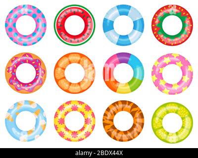 Anneau de natation en caoutchouc. Rose sauveteur, piscine d'été anneaux flottants. Jeu d'illustrations vectorielles de dessin animé de la bague de sauvetage Rainbow Illustration de Vecteur