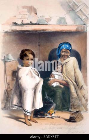 Afrique du Sud, grand-mère Khoikhoi avec petits-enfants, 1840 Banque D'Images