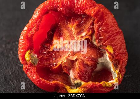 Tomate gâtée sur fond noir. Tomate avec moule. Stockage incorrect des légumes. Déchets alimentaires. Gros plan Banque D'Images