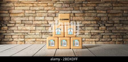 Cubes avec symboles e-learning devant un mur de briques - illustration en relief Banque D'Images