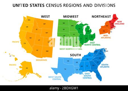 Carte des États-Unis divisée en régions et divisions du recensement. Définition de la région, largement utilisée pour la collecte et l'analyse des données. Banque D'Images