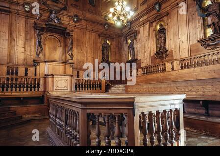 Théâtre anatomique de l'Archiginnasio à Bologne, capitale et plus grande ville de la région Emilie Romagne dans le nord de l'Italie Banque D'Images