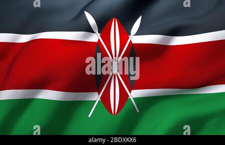 Drapeau du Kenya soufflant dans le vent. Drapeau volant kényen pleine page. Illustration tridimensionnelle. Banque D'Images