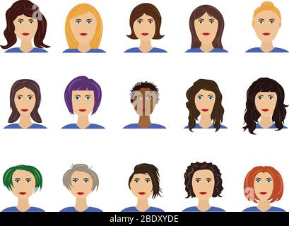 Les visages femmes avatar sont définis avec différentes coiffures et couleurs Illustration de Vecteur