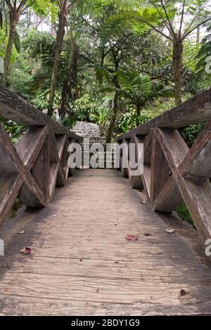 Pont en bois traversant une petite rivière Banque D'Images