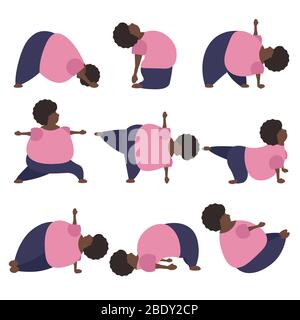 Ensemble de drôle de graisse africaine femme américaine faisant des exercices de yoga en guerrier, voiture, chameau, planche, bateau et autres asana. Illustration de Vecteur