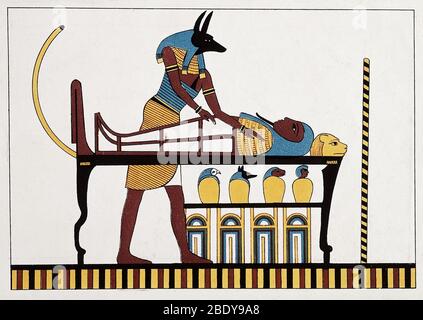 Anubis tendant Mummy, Tombeaux des rois, Thèbes Banque D'Images