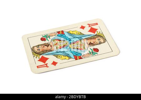 Carte de jeu avec reine de diamants isolés sur blanc Banque D'Images