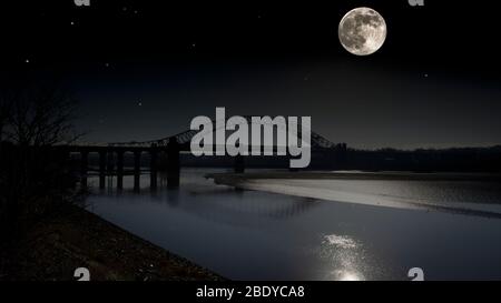 Pleine lune sur le vieux pont de Runcorn avec la lumière du lune sur la rivière Mersey. Banque D'Images